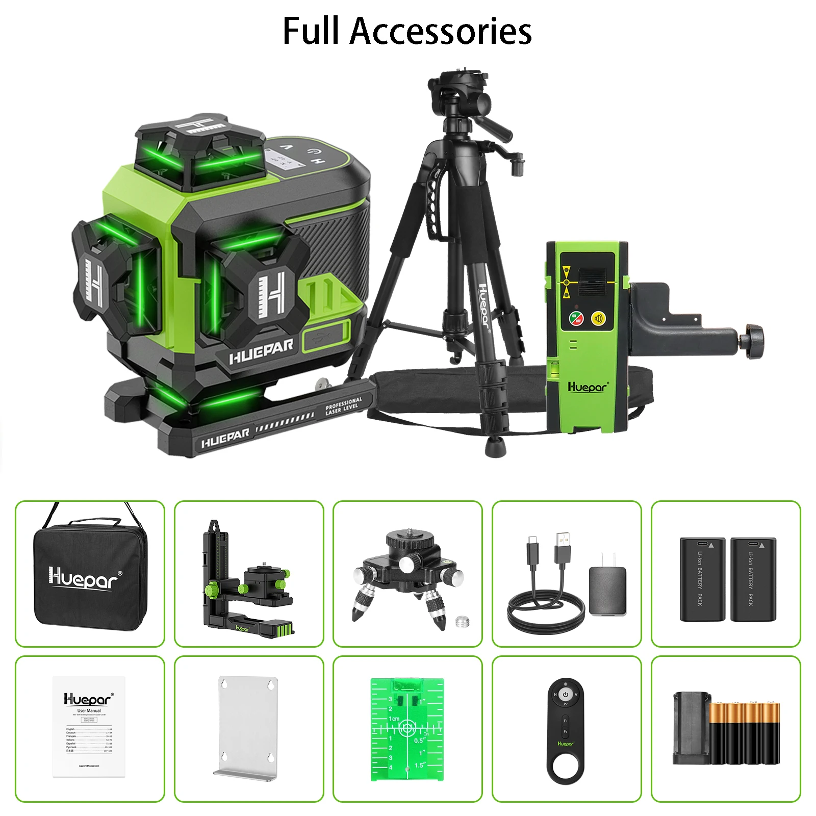 Huepar 4D 16 Linien Laser Level Z04CG Selbstnivellierender Kreuzlinien Grüner Laser Level Tool Set mit Fernbedienung/Stativ/Detektor und 2 Batterie 3