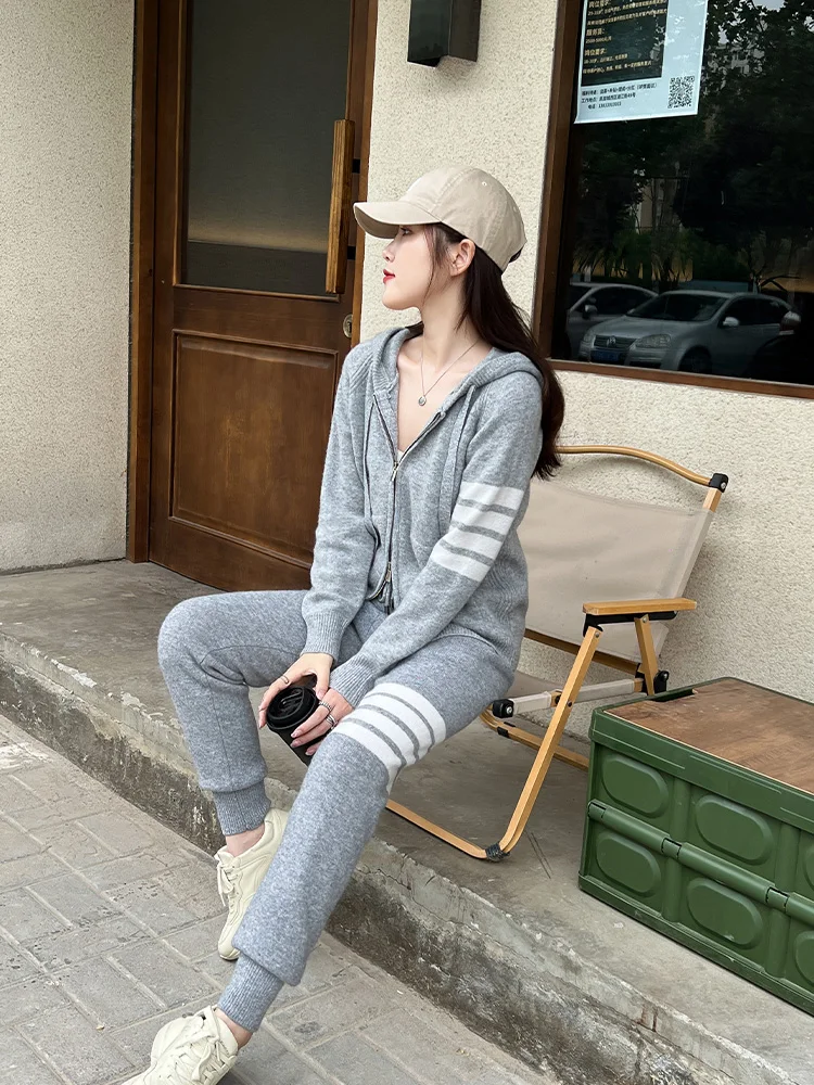2026 New Women 100% Merino Wool Sweater Hooded Cardigan Sports Pants Set Autumn Winter Loose Thick Knit Hoodie Pencil Trousers