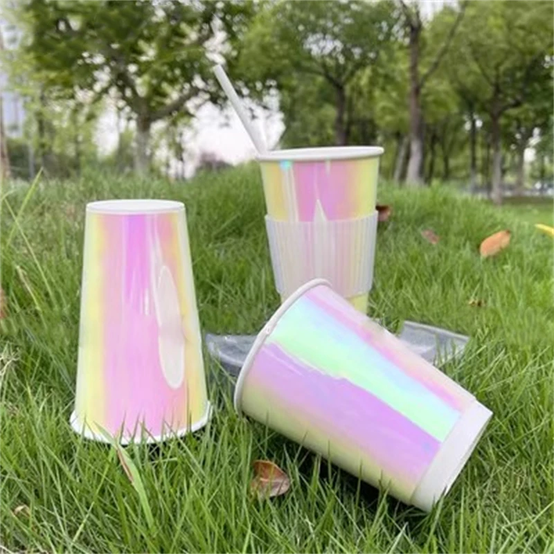 Paper Cup for Coffee Milk, Disposable with Lids, Rainbow Color, Drinking Utensils, Takeaway Beverage Tools, Juice Hollow Cup