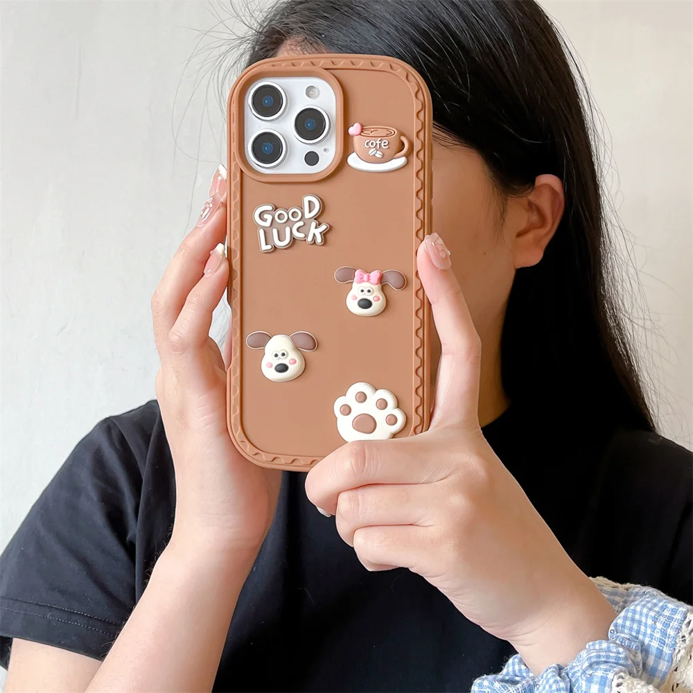 آيفون 16 15 14 13 12 برو ماكس زائد الغبار شحن ميناء قضية الهاتف الخليوي ثلاثية الأبعاد براون الكلب القهوة البصمة الغطاء الواقي