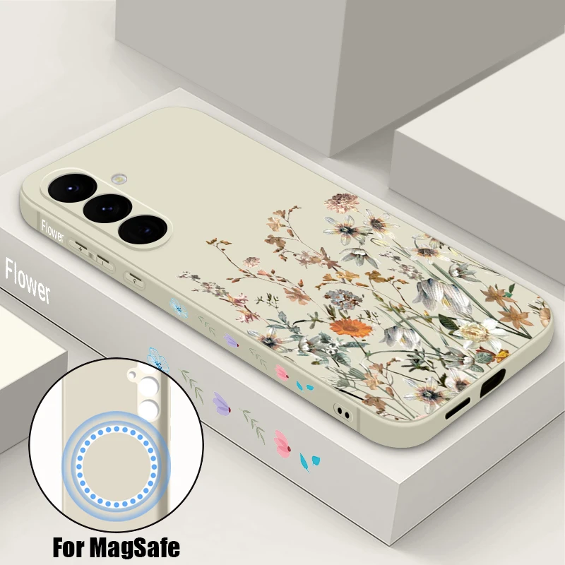 Flowers Pattern Magnetic Phone Case For Samsung Galaxy S26 S25 S24 Ultra S23 S22 Plus S25 S24 S23 FE Lanyard Soft TPU Back cover