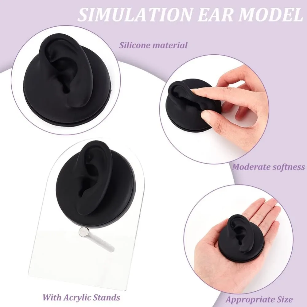 Modèle d'oreille en silicone flexible avec présentoirs en acrylique, modèle d'oreille en caoutchouc, magasins noirs, fuchsia