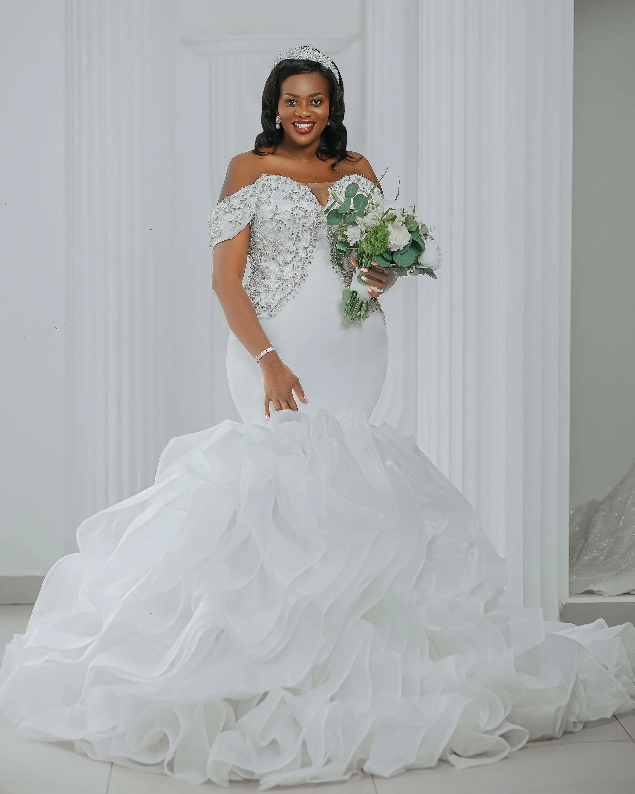 Luxury Mermaid Formal Bridal Dress Off Shoulder Rhinestone Beaded Layered For African Wedding Dress Vestido De Novia Customized