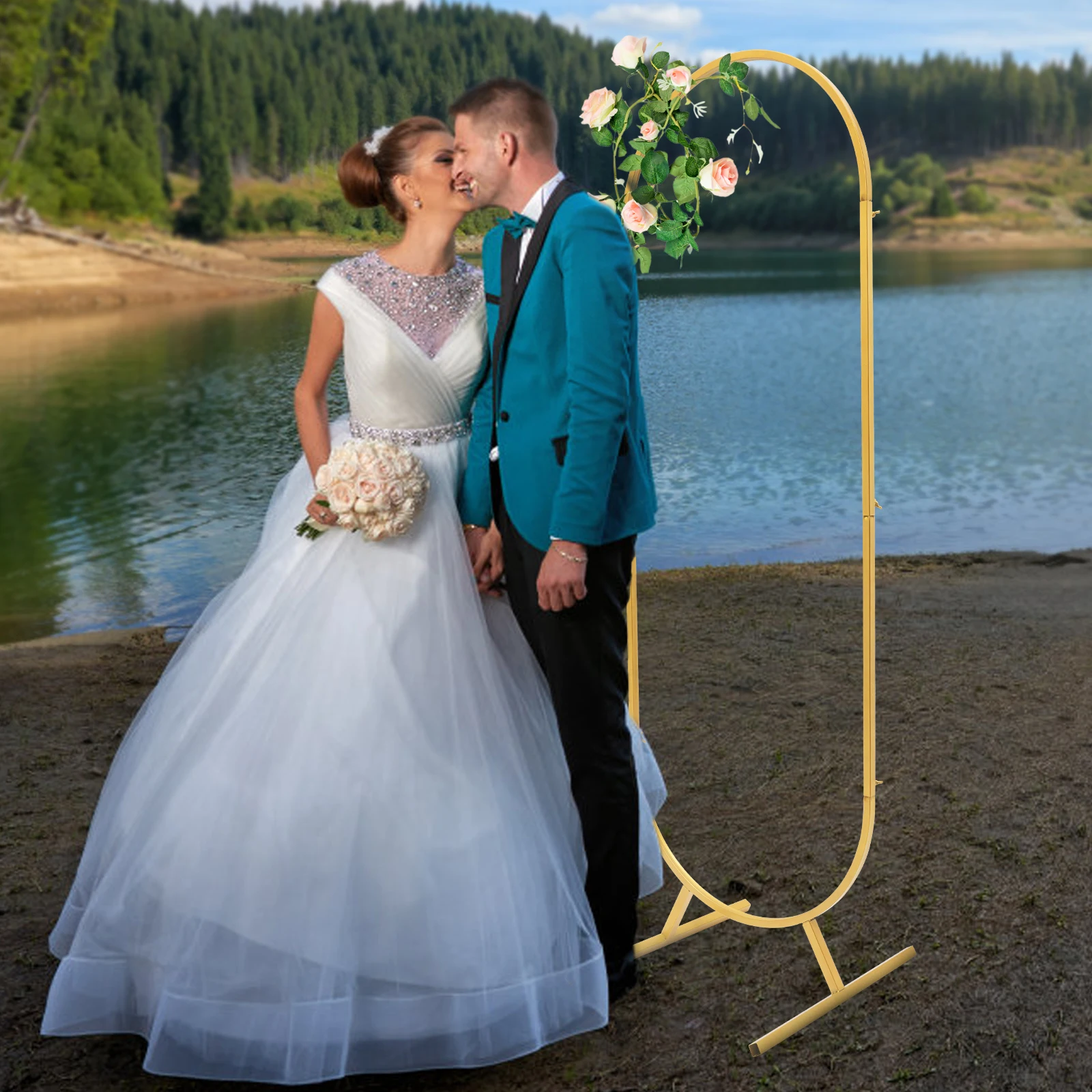 

1.7M Metal Wedding Arch Backdrop Stand Gold Party Balloon Arched Venue Decor Frame Oval Arch Frame for Birthday Party Ceremony