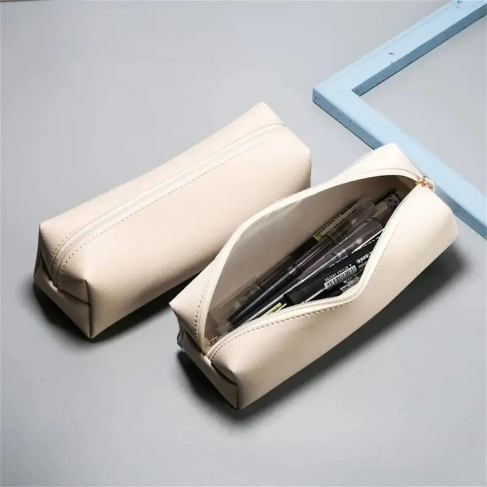 Imagem -02 - Leather Large Capacidade Pencil Bolsa com Zíper Simples Pen Case Armazenamento de Papelaria Multiúso Material Escolar pu