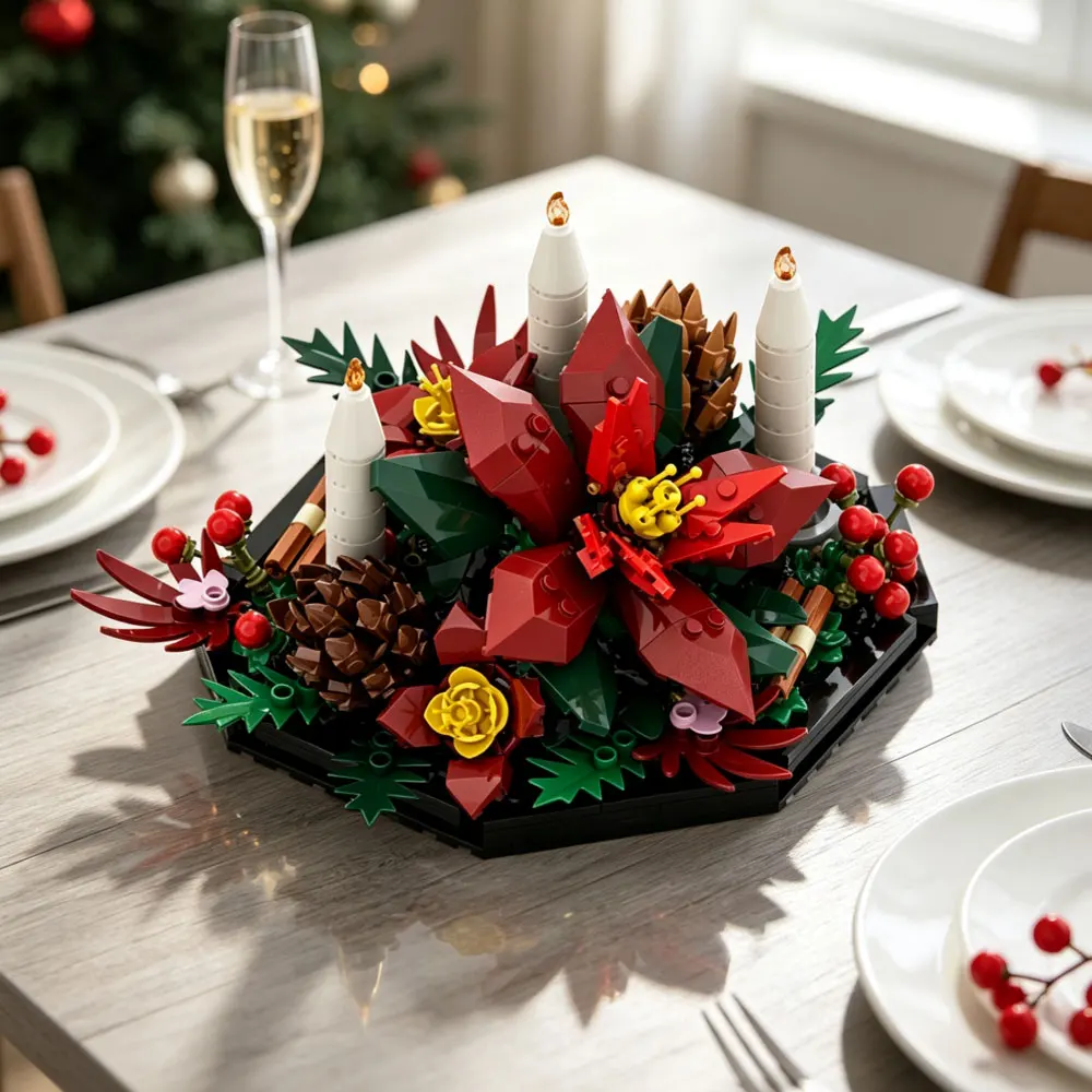 Christmas Table Decor Building Blocks Kit Candle Pinecone Wreath Table Centerpiece Holiday Home Display Bricks Toy Adults Gift