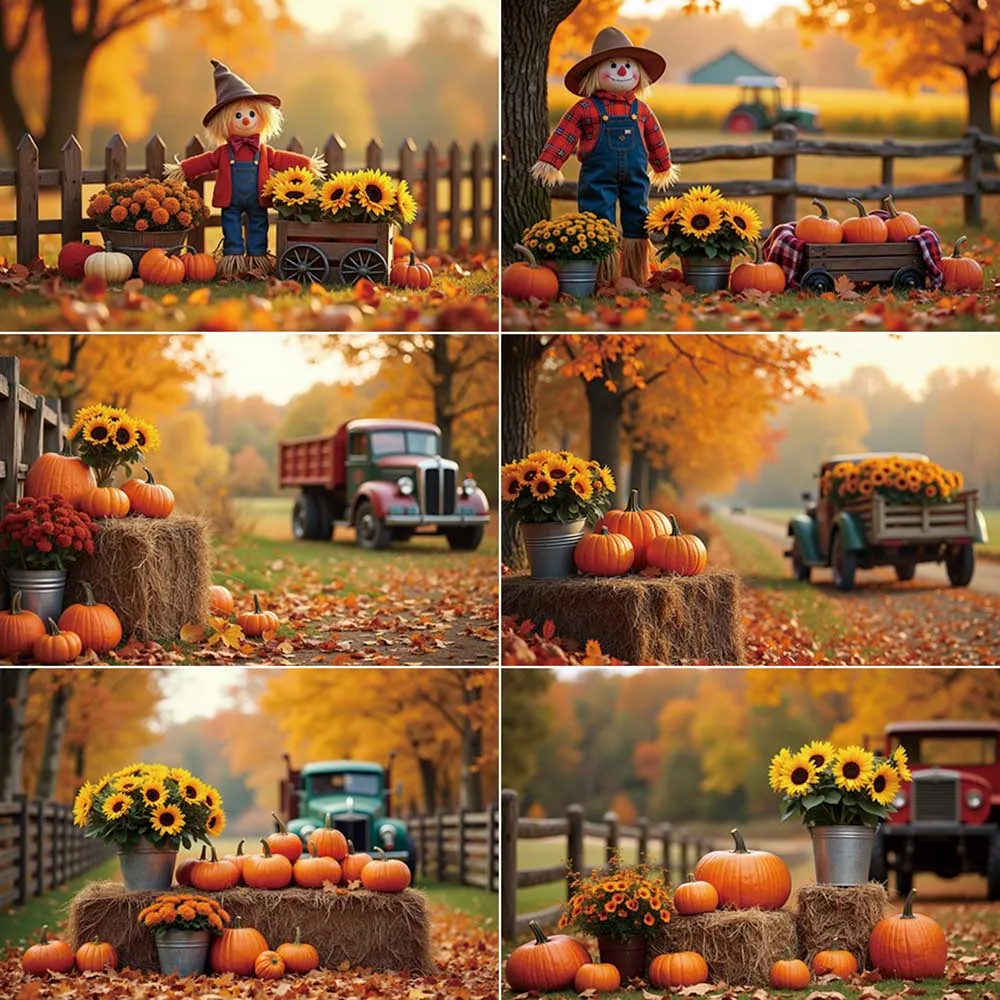 

MOON.QG Autumn Village Garden Farm Backdrop Scarecrow Pumpkin Haystack Photoshoot Background Baby Photo Studio Photography Props