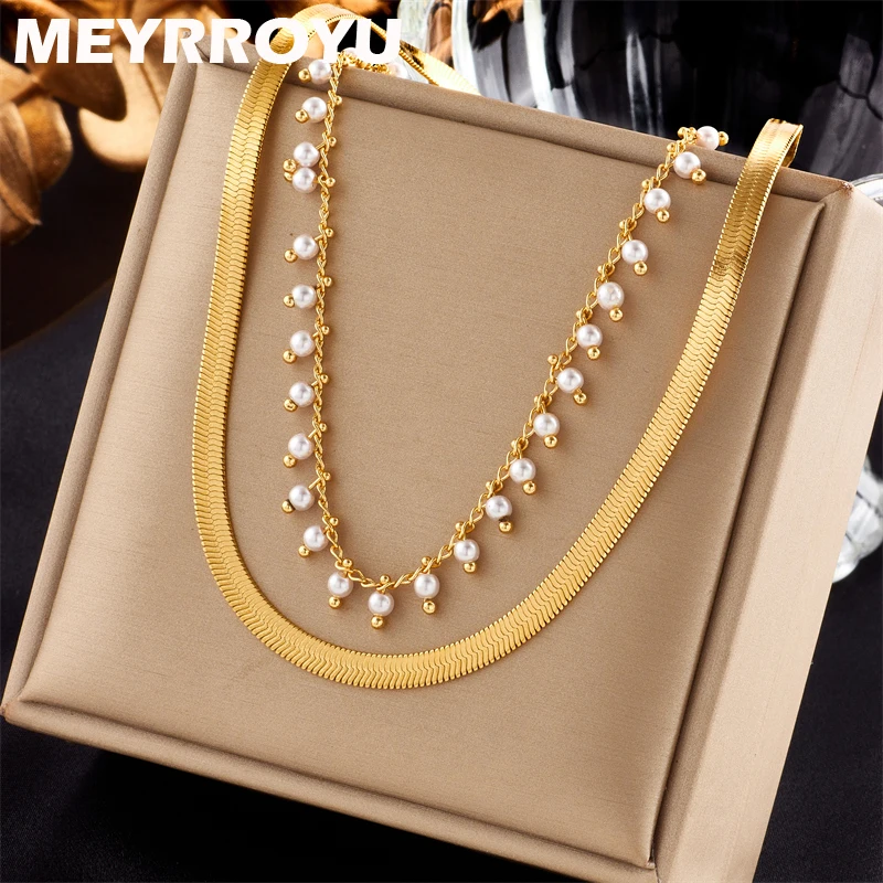 MEYRROYU 316L Stainless Steel Fashion Tassel Imitate Pearl Snake Chain Double Layer Necklace For Women Party Gift Bijoux