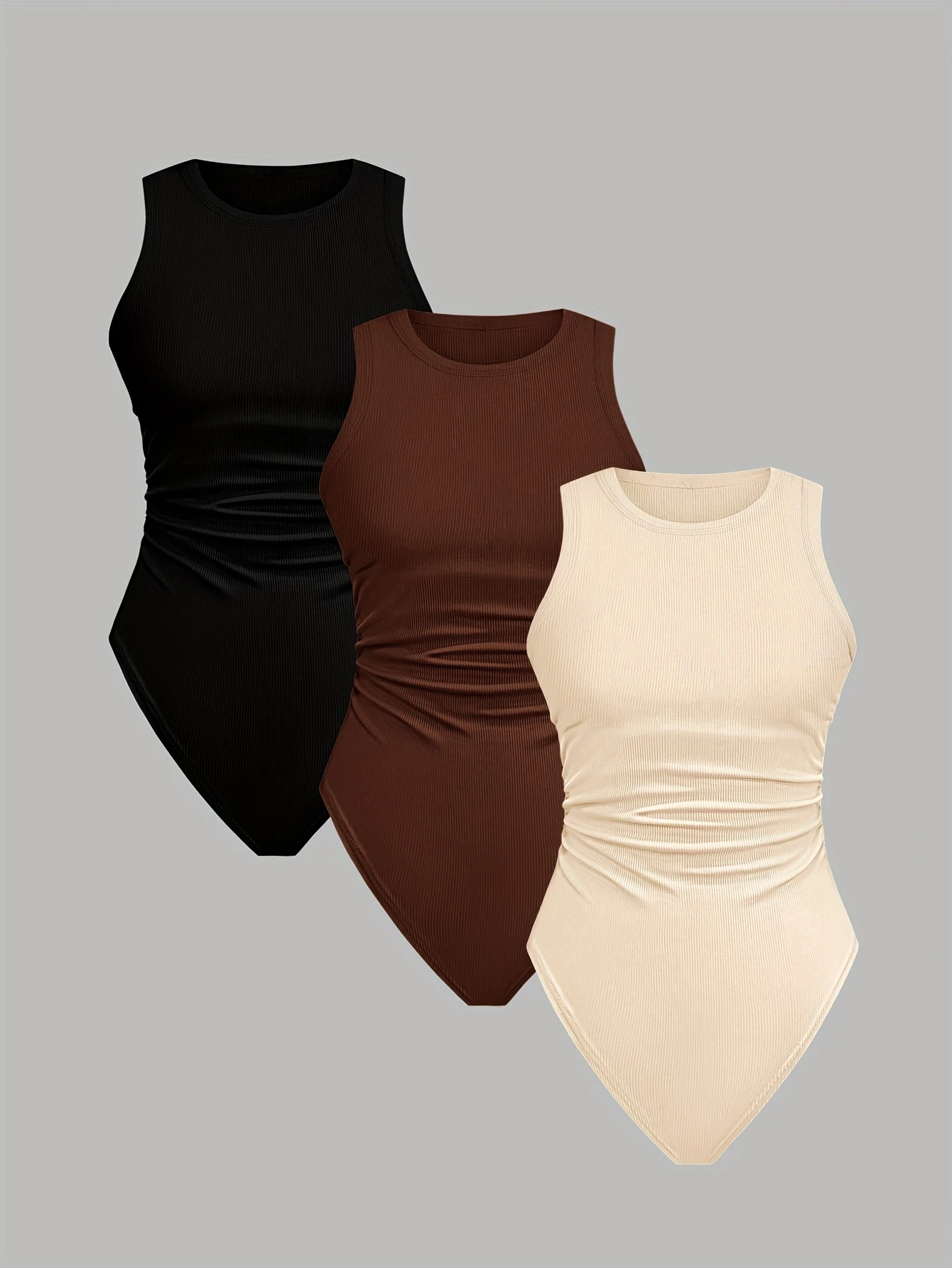 

Новый модный однотонный базовый универсальный женский плиссированный комплект из трех предметов без рукавов с круглым вырезом