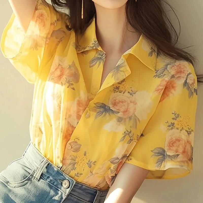 Chemise florale jaune pour femme, petit parfum français, haut chic et beau, nouveauté d'été, hauts pour femmes 2024