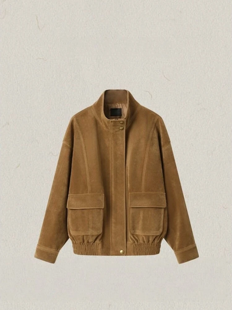 

Модная коричневая мотоциклетная куртка для женщин, весна-осень, новая, из замши, свободного кроя, с воротником-стойкой, длинными рукавами