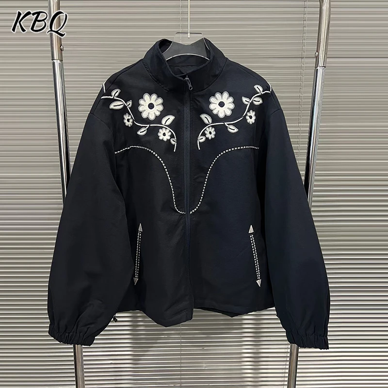 

KBQ Printing Spliced Zipper Loose Coats for Women Stand Collar Long Sleeve Casual Loose Jackets Female Fashion Autumn Style New