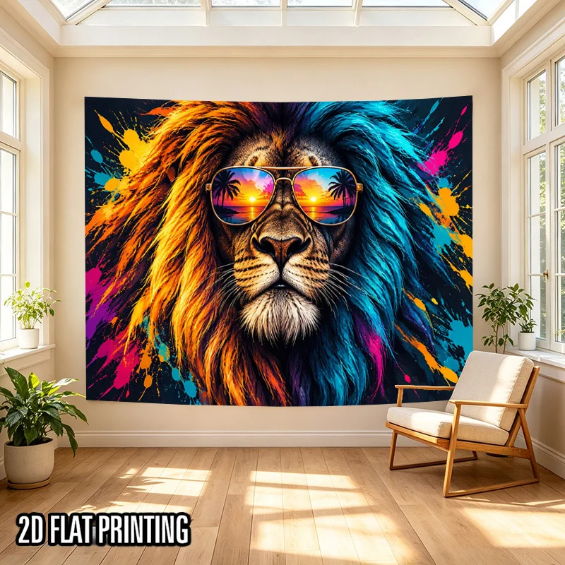 Cool Lion Portrait Tapestry, Vibrant Splash Ink Graffiti Wild Animal Wall Hanging, Art Tapestry for Dorm Bedroom Aesthetic