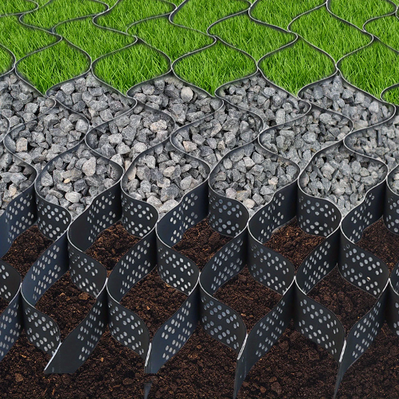 

1 Polyethylene 4 inch Thick Geo Grid for Landscaping Parking Lots Heavy Load Resistance Stability Prevents Fill Movement