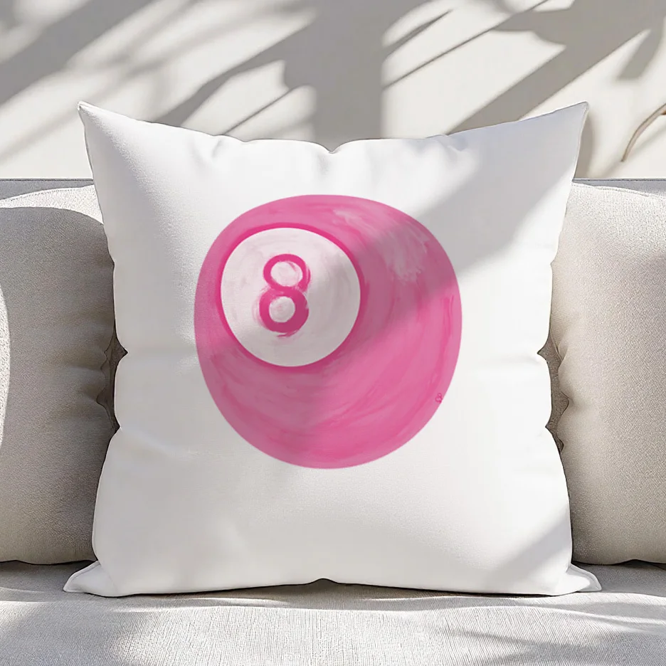 White Pillow Cover Pink 8 Ball Art Print Retro Billiard Design 18x18 Inch Square Modern Decor