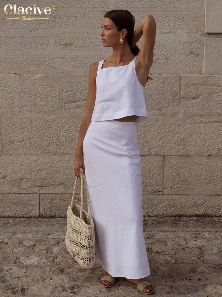 Clacive Summer Slim White Cotton 2 Piece Sets Women Outfit 2024 Fashion Sleeveless Tank Top With High Waist Long Skirts Set