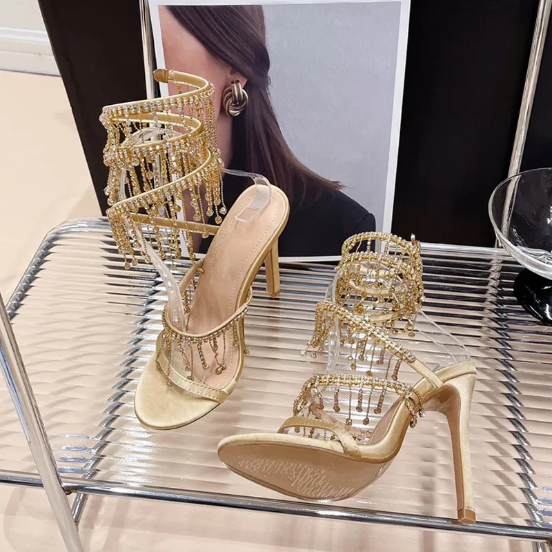Luxury Women Shoes Elegant Wedding Banquet Shoe Fashion Crystal Tassel Twining Stiletto Sandals for Women Sexy Open Toe Stripper