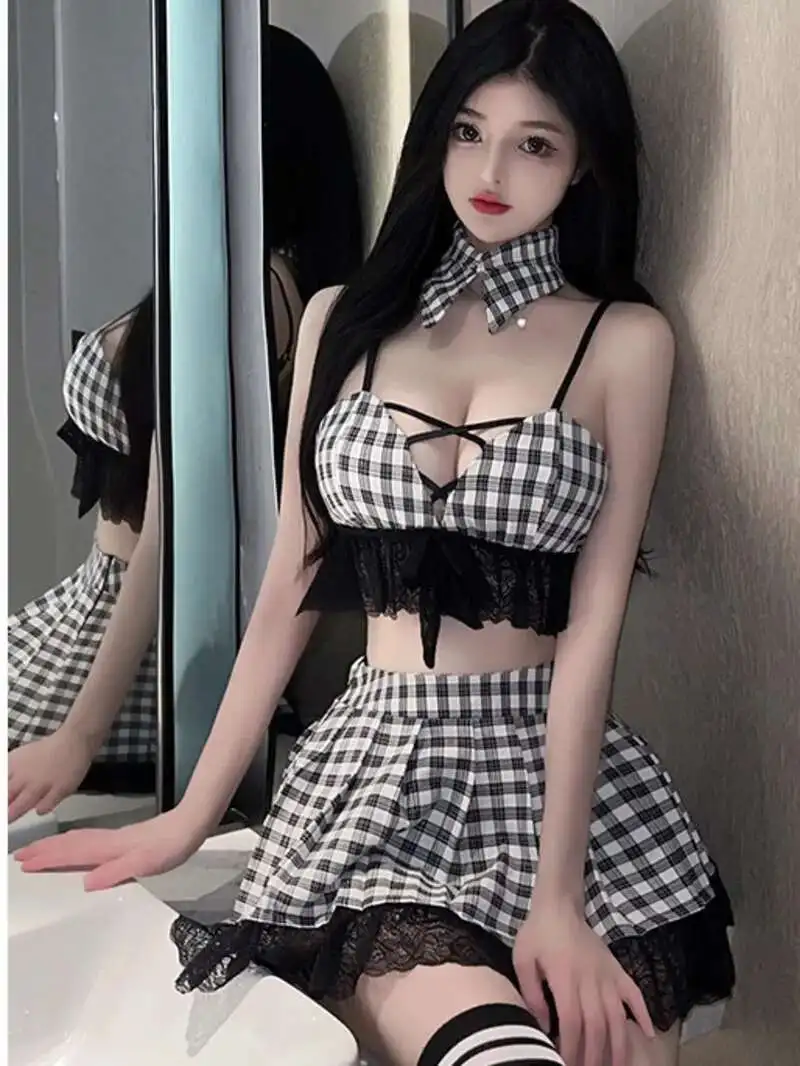 Plaid V Neck Tank Mini Dress Fashion Korean Female Sexy Uniform Seduction Passion Pure Student Dress Elegant Cosplay 1JDL