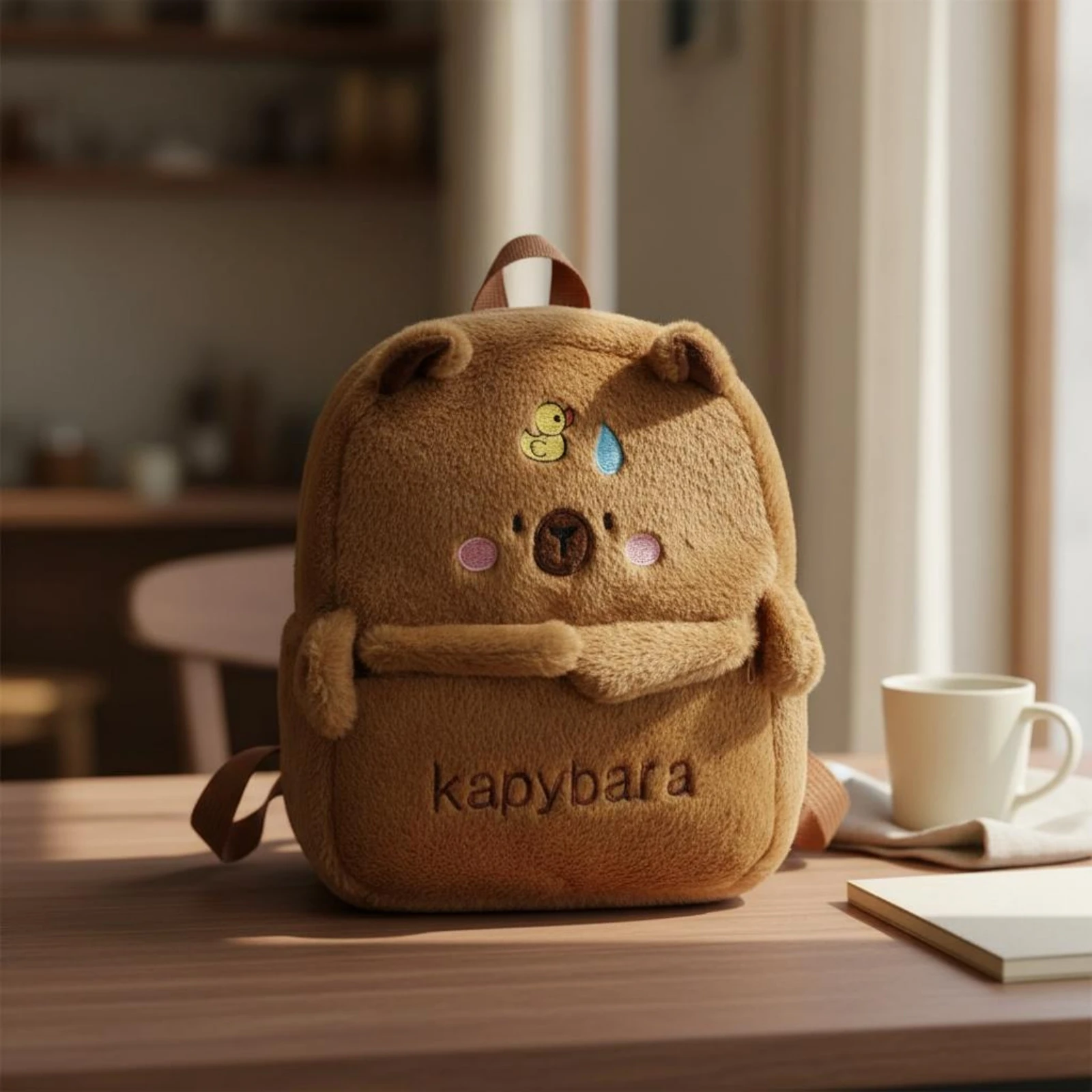 Capybara Soft Backpack Embroidered Soft Capybara Backpack Brown Tan Lightweight