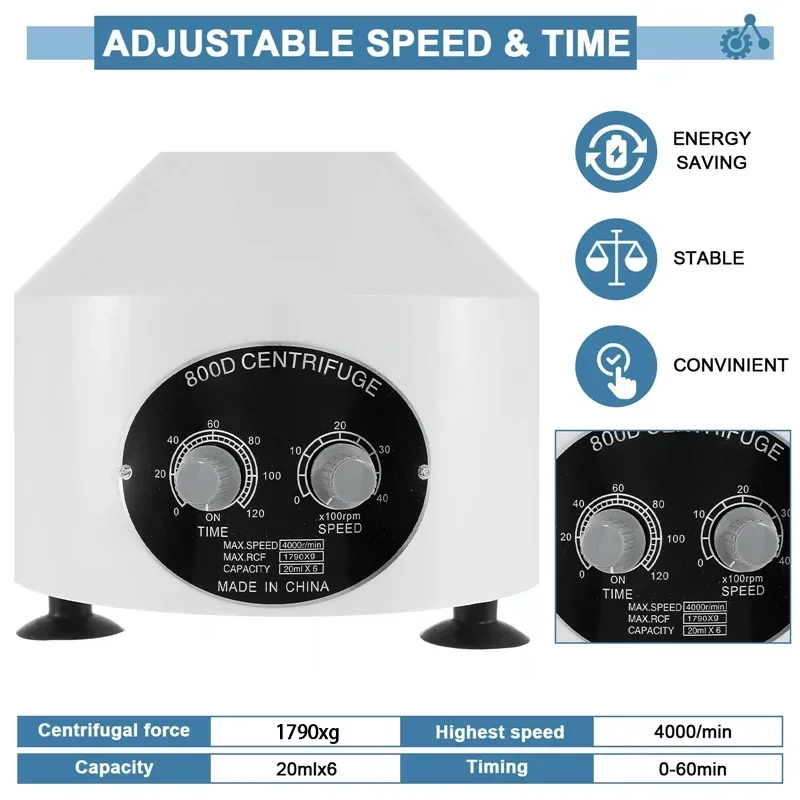 800D 4000rpm Electric Centrifuge PRP PRF Medical Separate Machine Timer & Speed Control Desktop Label Centrifuge 20ml*6