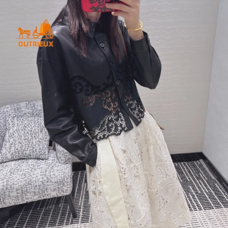

Winter Leather Jacket Lapel Lace Design Fashion, 100% Genuine Sheepskin Fabric Leather Light and Delicate Women's Leather Jacket