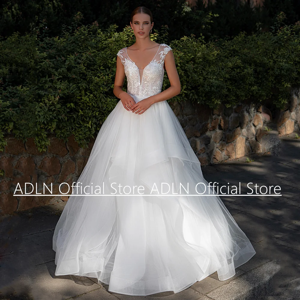 

Bride Wedding Dress Robe De Mariee Customized Cap Sleeve V Neck Ruffles Tulle Back Zipper Applique Bridal Gown Sweep Train