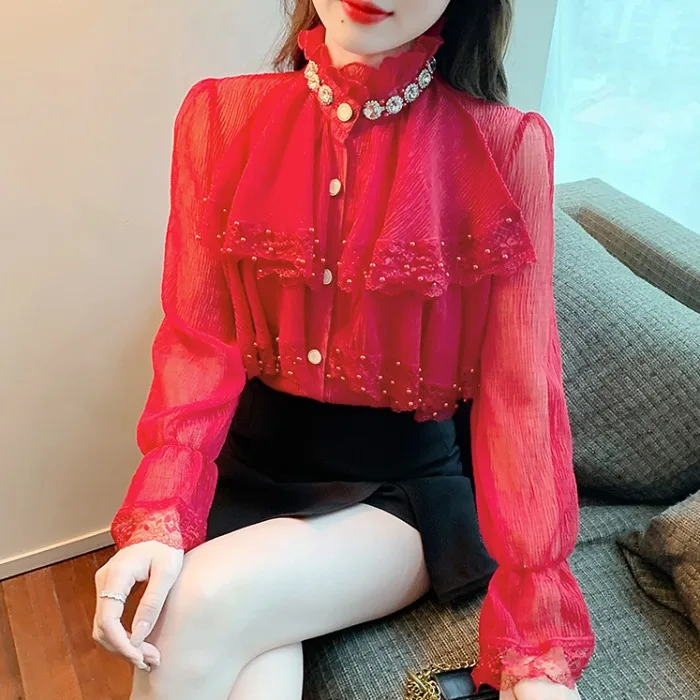 Fashion Womens Fairy Tops Medieval Victorian Blouses Beading Stand Collar Office Chiffon Blouse Shirt Long Sleeve Princess Tops