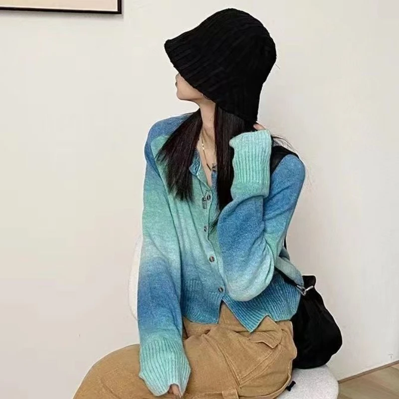 Tie Dye Cardigan Women Sweet Ladies Temperament Korean Style Loose Fit Spring Knitted Simple All-match Fashion Ulzzang Classic