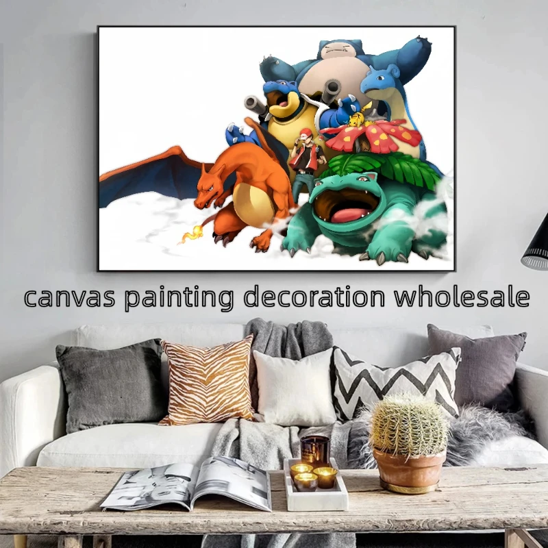 Póster de Pokémon Pikachu Charizard Bulbasaur, pintura en lienzo HD, decoración Mural de pared del dormitorio para sala de estar y niños