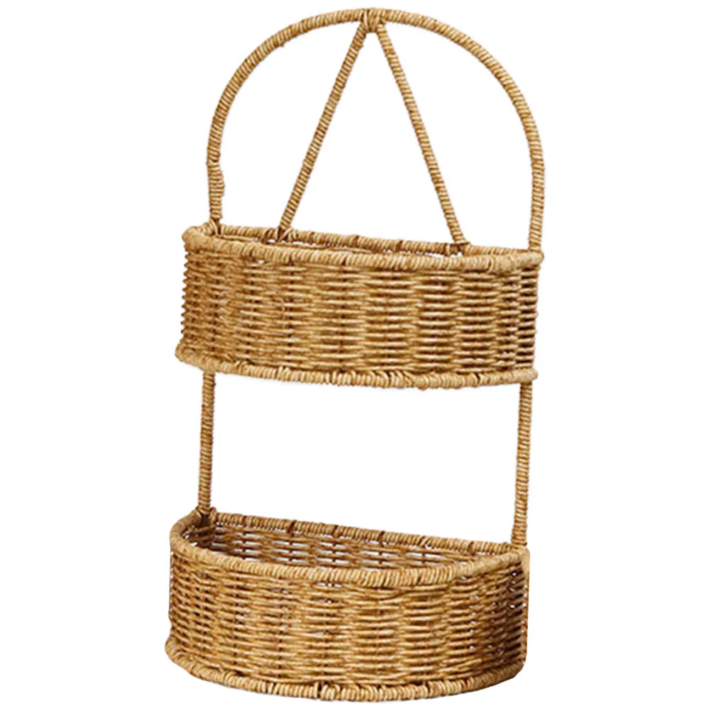 

Imitation Rattan Wall Mounted Storage Baskets 2 Tier Handwoven Hanging Basket for Kitchen Bathroom Home Decor PP Iron