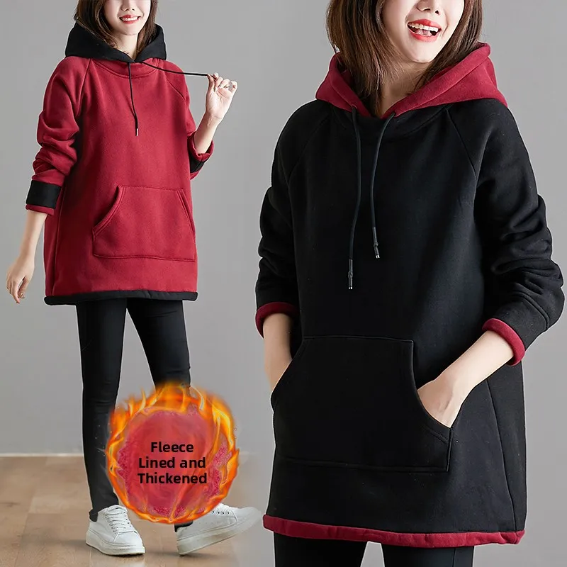 

Thickened Fleece Hoodie Women's Autumn Winter Loose plus Size Conceal Meat Slimming Top Coat Casual Streetwear