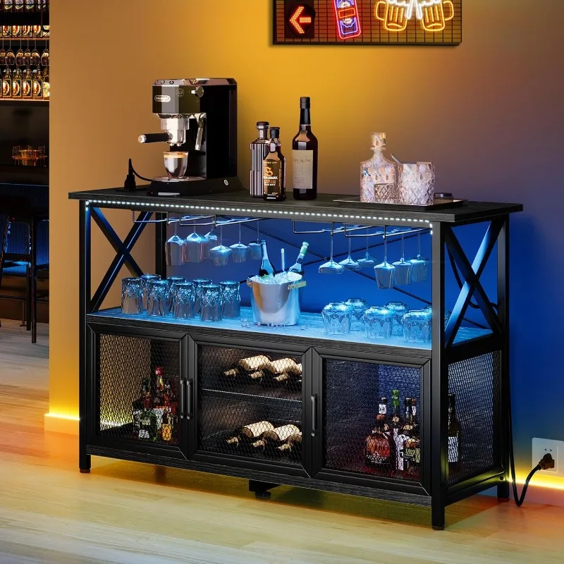 

Coffee Bar Cabinet with LED Lights Power Outlets,Industrial Wine Bar Cabinet Home Bar Table Wine Rack Storage Sideboard Buffet