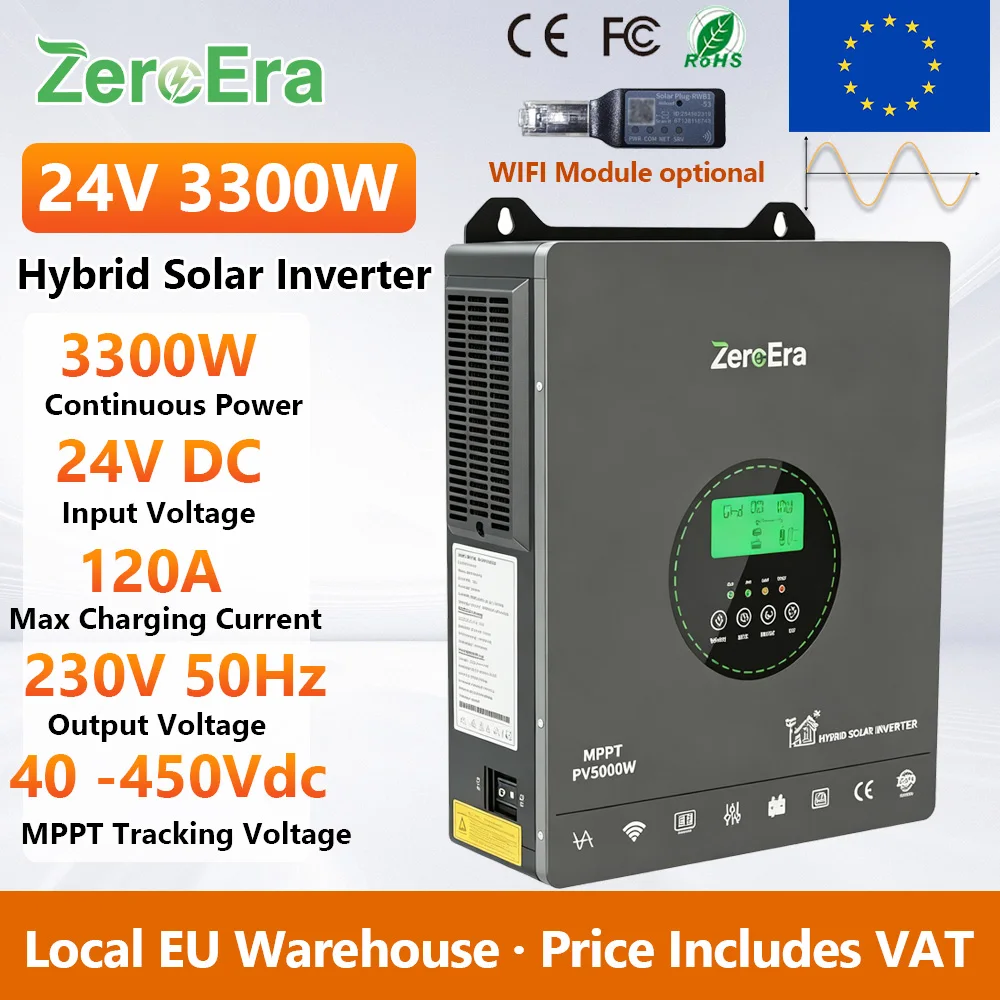 ZeroEra Inverter Ibrido Solare 3000W 24V DC a AC 230V 50Hz Inverter a Onda Sinusoidale Pura con Controller MPPT 100A Funzionamento Senza Batteria On/Off Grid Monitoraggio WIFI tramite APP per Sistema