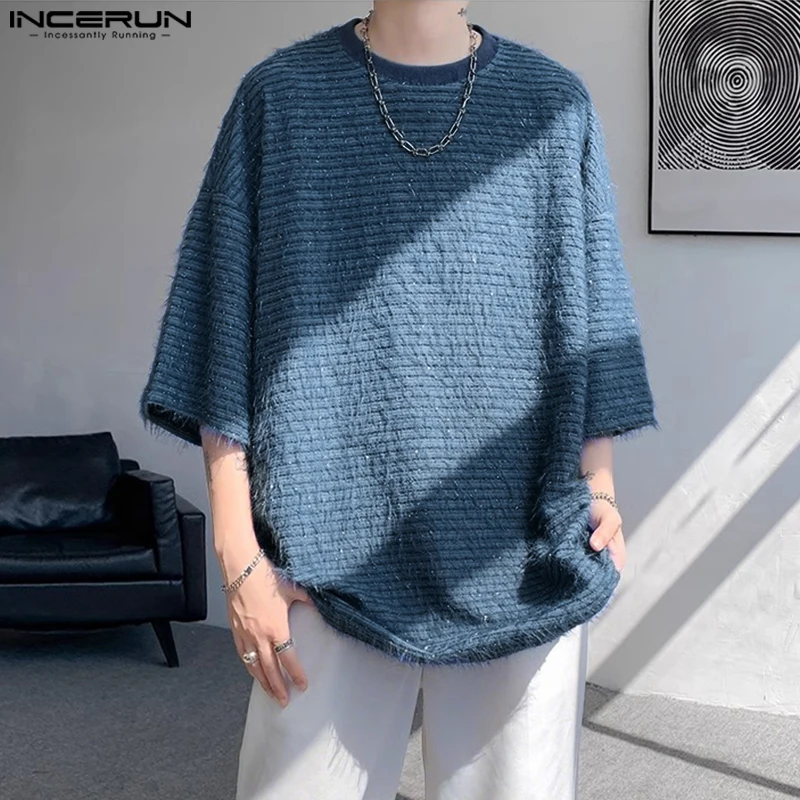 INCERUN الصيف الرجال تي شيرت الصلبة شرابة س الرقبة نصف كم عادية الذكور المحملة القمم الشارع الشهير كبيرة الحجم 2025 موضة الرجال الملابس