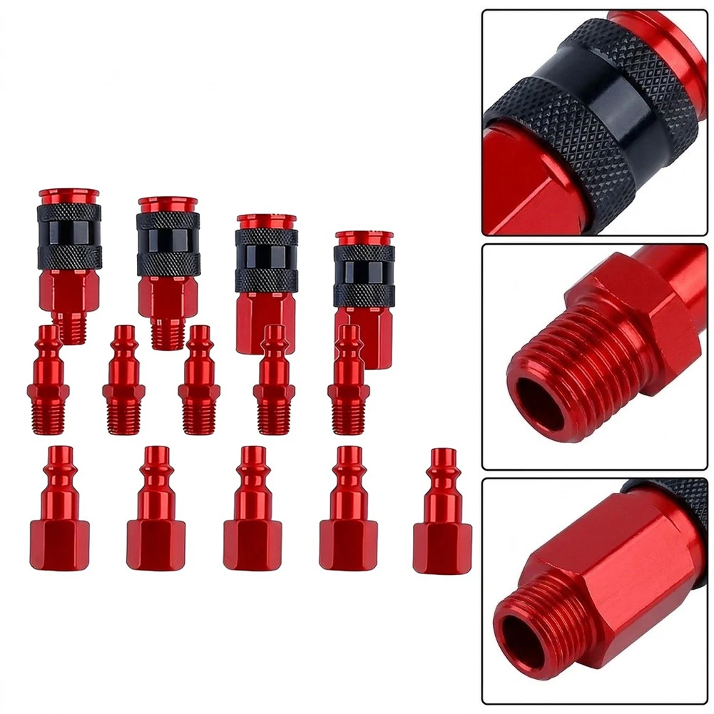 14 Piece Red Air Quick Coupler Set For Compressor With One-Handed Operation And Secure Locking For IM And T Type Pneumatic Tools