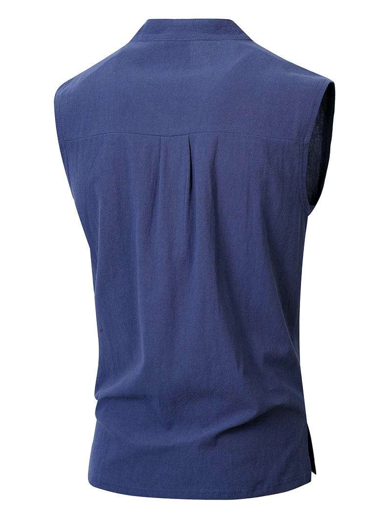 2026 Neue Herren Leinen-Henley-Tanktops mit Stehkragen, Ärmellos, Locker Sitzend, für Strand, Resort, Reisen, Alltag, Outdoor, Urlaub, Freizeit-Weste – Detail 8