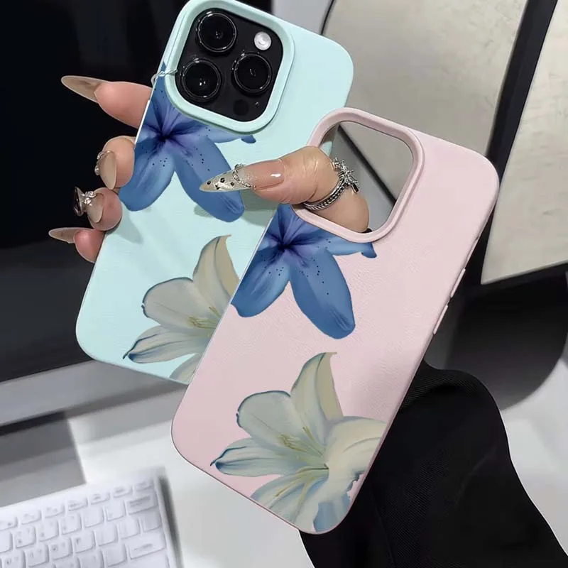 Eleganckie etui na telefon z wzorem niebieskich lilii i liczi do iPhone 17 16 Pro Max 15 14 13 12 11 XS XR 16 Plus 16e, odporne na wstrząsy, miękka tylna obudowa.