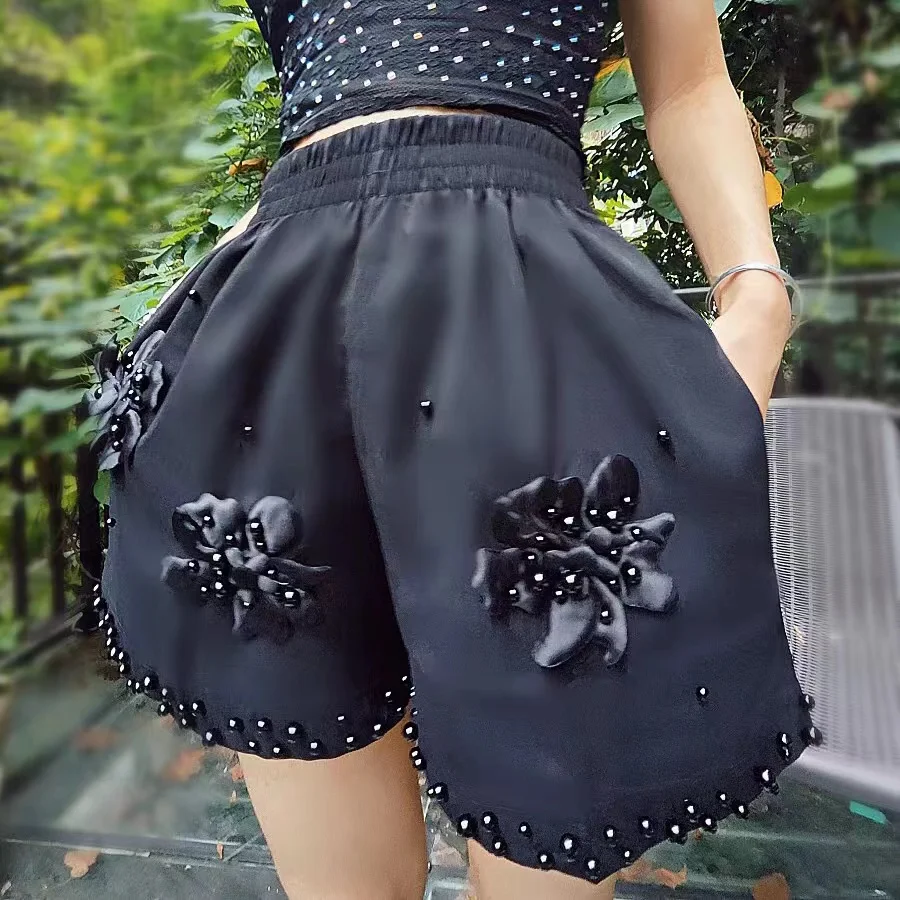 

Luxury Style Pearls Beaded 3D Flowers Stitch Pantalones Cortos Wide Leg Shorts Women's Pocket Short Hot Pants Y2K Short Trousers