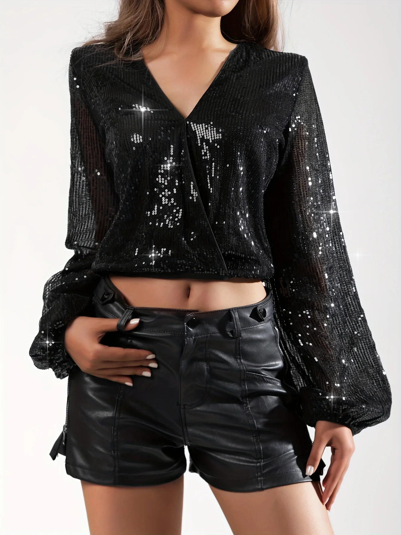 

Женские топы и блузки: черная блузка с пайетками, V-образным вырезом, длинными рукавами, укороченная, для вечерних мероприятий