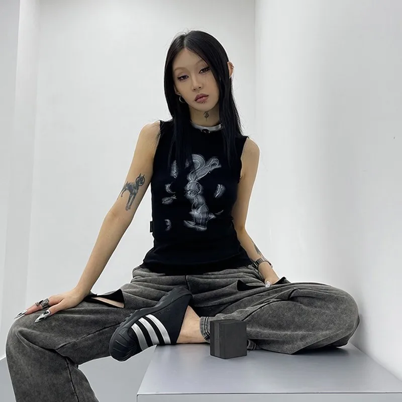 Karrcat Trashy Y2k Tank Top Japanese 2000s Black Short Tops Vintage Harajuku Sleeveless Crop Top Cyber Punk Clothes Goth Summer