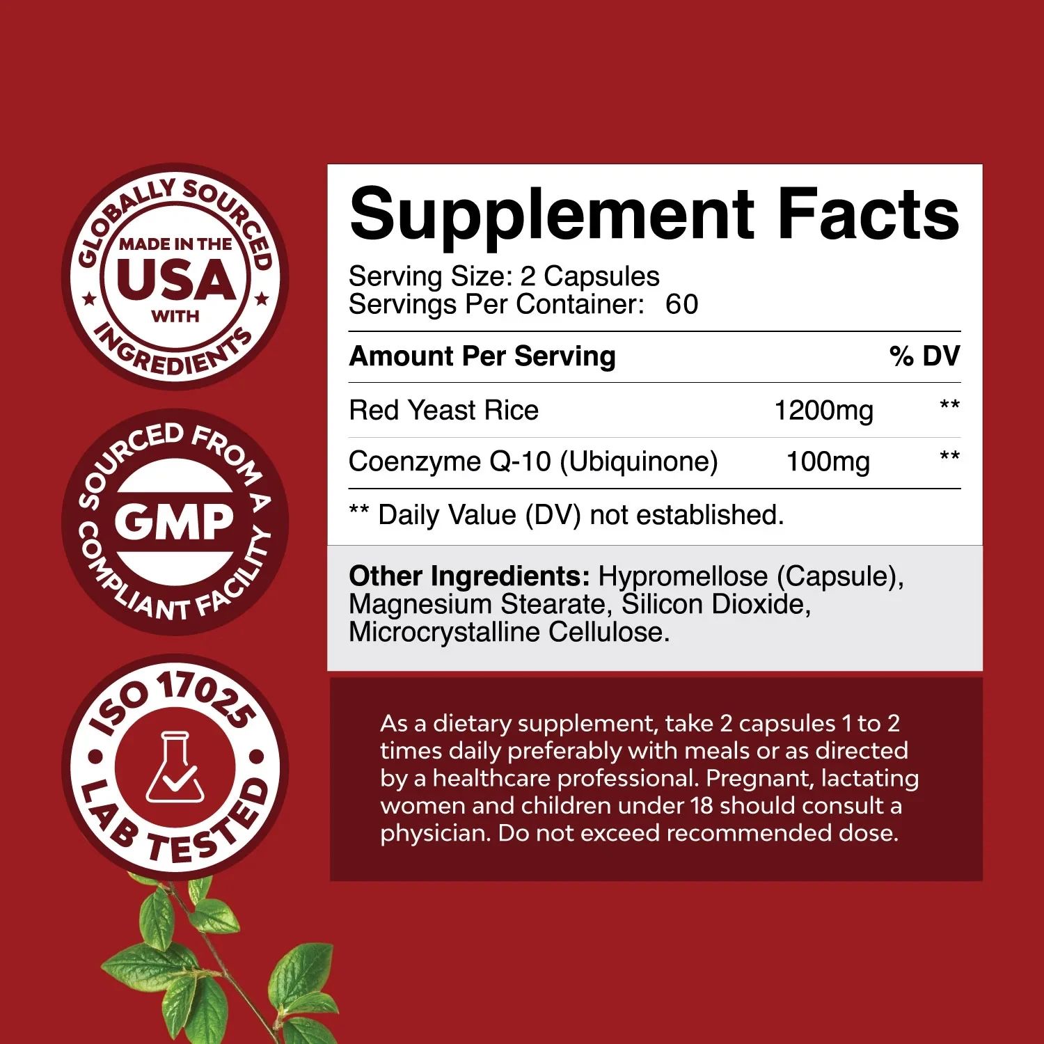 Red Yeast Rice + CoQ10 Supplement Capsules - Supports Cardiovascular Health, Regulates Blood Lipids, and Promotes Digestion
