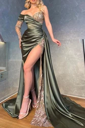 Women One Shoulder Green Mermaid Evening Dresses Long 2023 High Split Sexy Prom Gowns Satin Sequined Formal Party Robe De Soirée