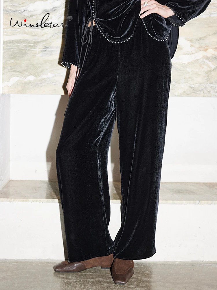 

Winsleter-Bottom 100%Real Silk Elegant Velvet Trousers, Elastic Waist Black, Women Vintage Casual Pants, 2026 Spring B61569CC