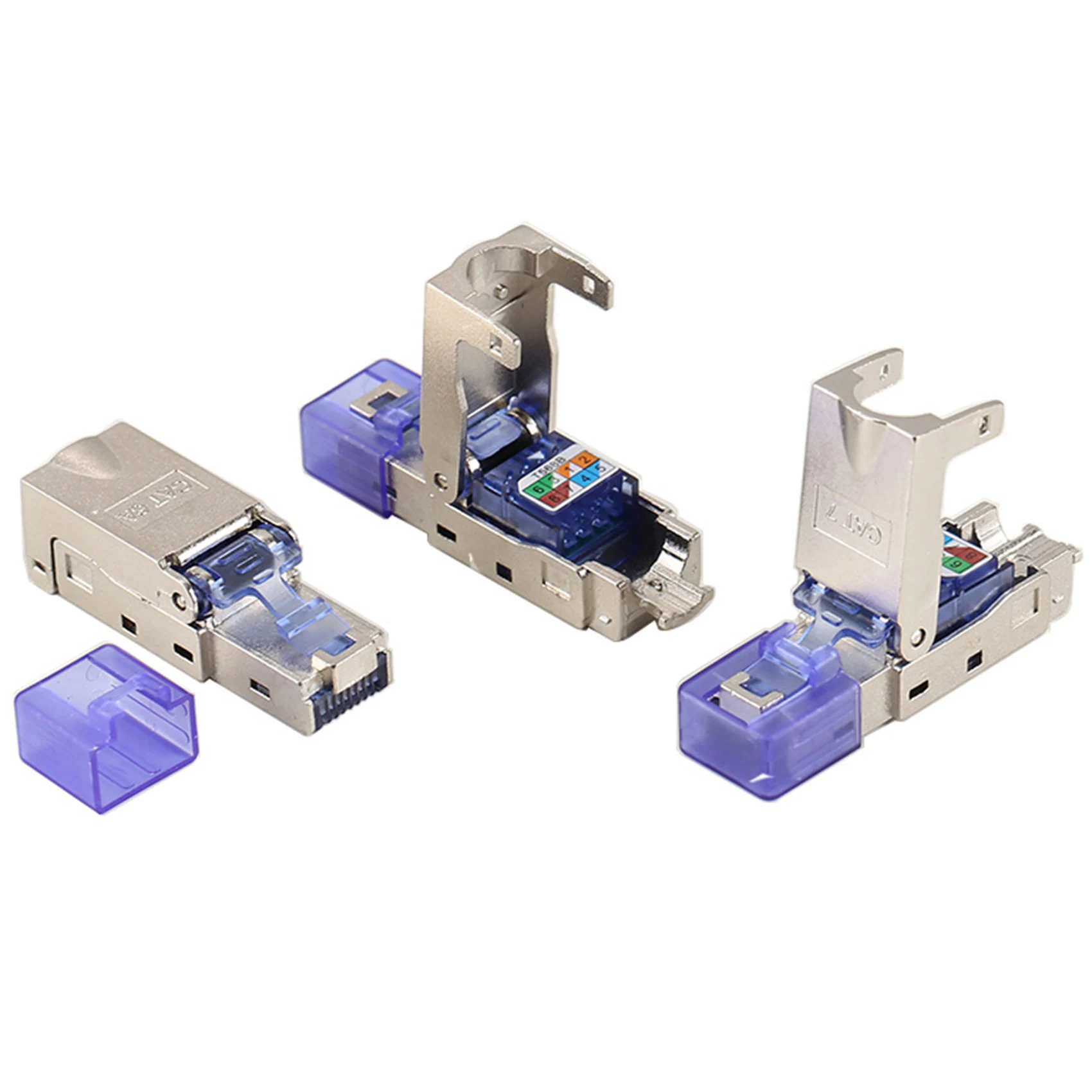 압착 도구 없는 커넥터 플러그, 아연 합금 차폐 네트워크 케이블, CAT8, 40Gbps, 50U, RJ45 플러그 (파란색)