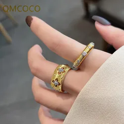 QMCOCO Korean Style Four-Leaf Clover Rings Jewelry Inlaid Zircon Adjustable Ring 2023 New Romantic Wedding Gift