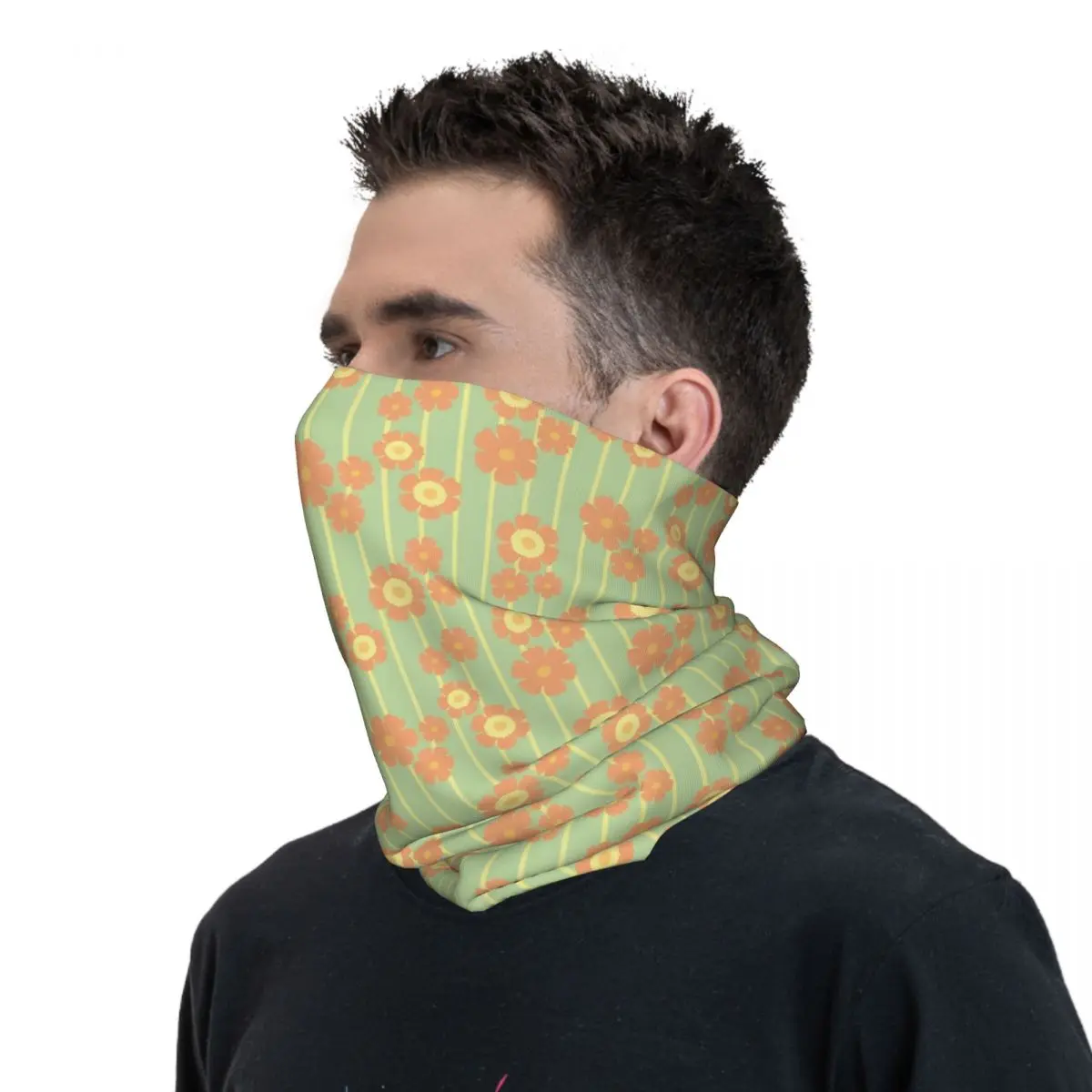 RETRO FLOWER STRIPES ORANGE AND GREEN Scarf Neckerchief Neck Face Mask Polyester