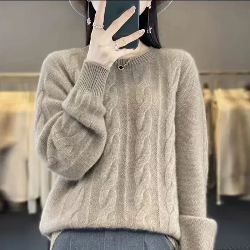 Fall/Winter Women\'s Sweater Pure Wool Round Neck Solid Color Loose Knitted Cashmere New Pullover Winter Clothes Women 2024