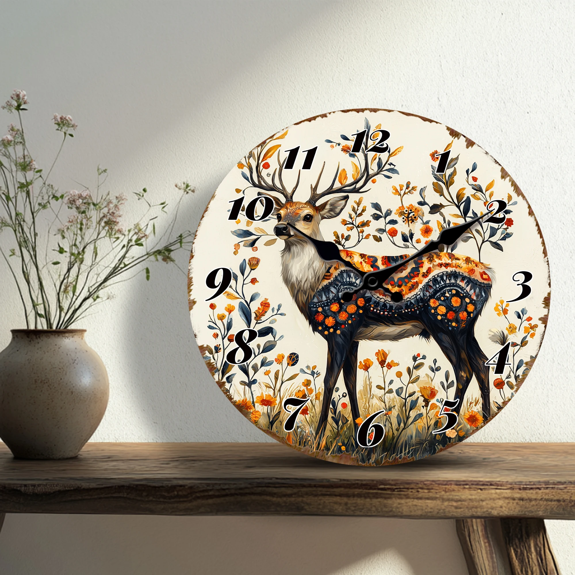 Autumn Deer with Floral Pattern Wall Clock - Vintage Round Silent Decor Watch, Perfect for Nature Lovers and Hunt-themed Decor