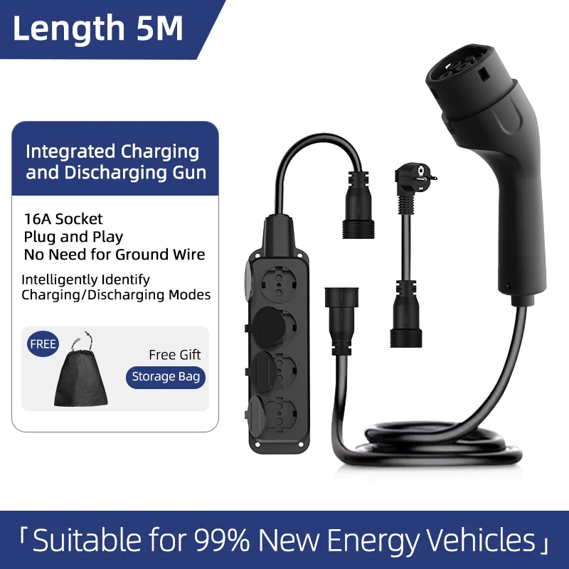 Charge and Discharge 2-in-1 V2L Discharge EU Socket with 3m-10m Cable Type2 IEC62196 GB/T Wallbox Adapter for Electric Vehicles