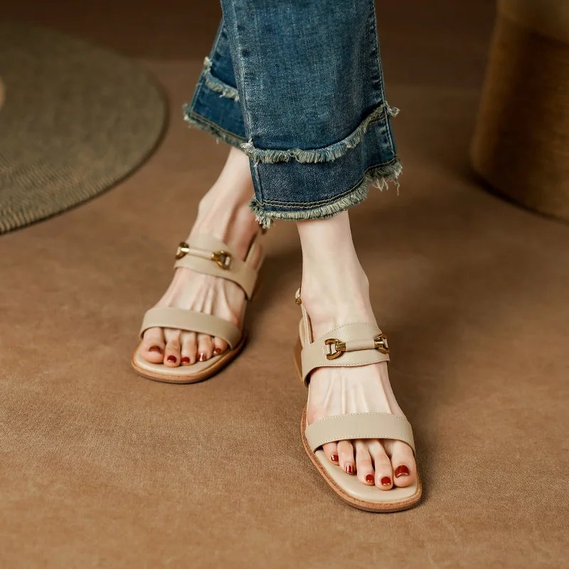 New Arrival Women Sandals 2023 Summer Fashion Genuine Leather Thick Heels Shoes Woman Casual Office Ladies Party Luxury Sandals